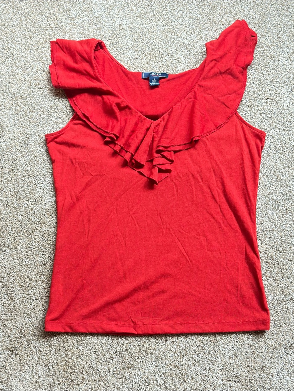 Chaps Denim Charming Red Ruffled Neck Fitted Tank Top